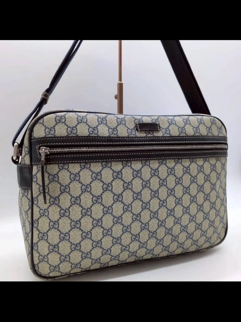 Gucci Beige Canvas Messenger Bag with Blue Monogram